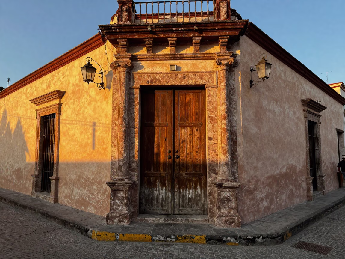 Golden Hour Street Scene in Merida Mexico with Weathered Gate Hardware and Local Color in in Merida, Mexico