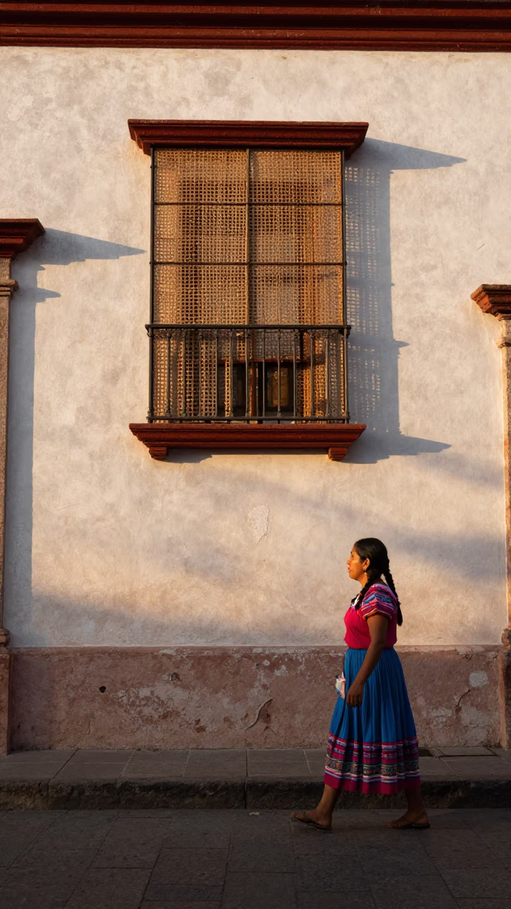 Golden Hour Street Scene in Merida Mexico with Woven Cane Light Patterns in in Merida, Mexico