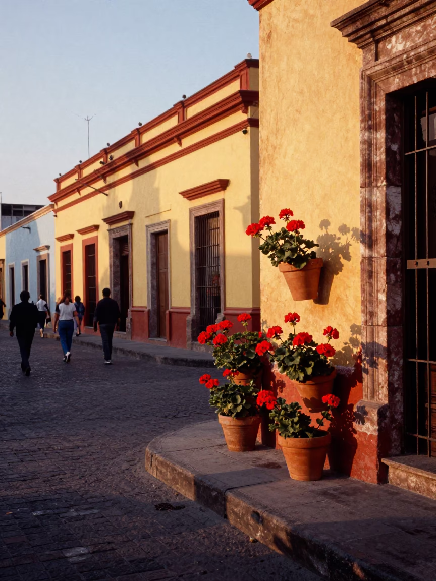 Golden Hour Street Scene in Mexico City Featuring Geraniums and Vintage Architecture in in Mexico City, Mexico