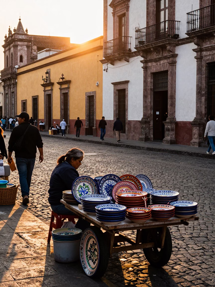 Golden Hour Street Scene in Mexico City Featuring Majolica Plates and Local Market Life in in Mexico City, Mexico