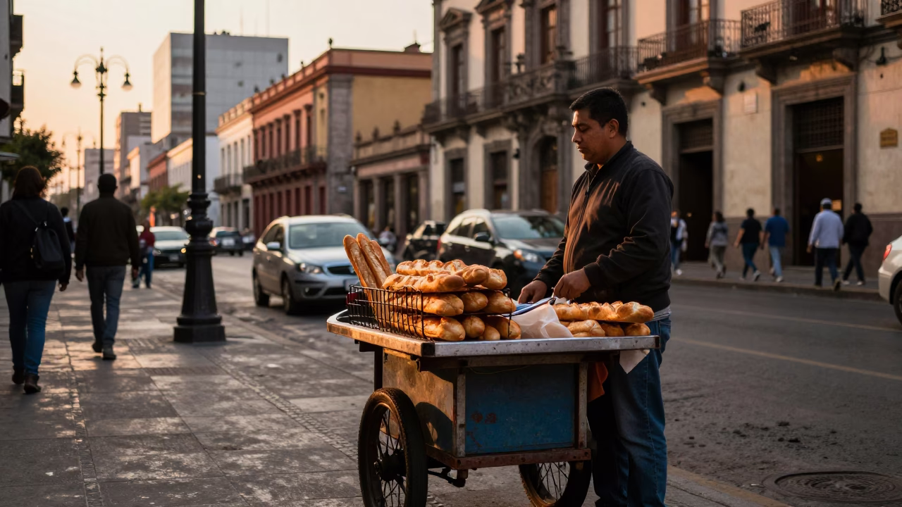 Golden Hour Street Scene in Mexico City With Baguettes and Urban Details in in Mexico City, Mexico