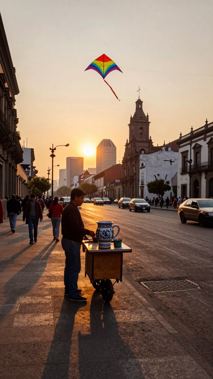 Golden Hour Street Scene in Mexico City With Ceramic Cup and Kite Festival in in Mexico City, Mexico