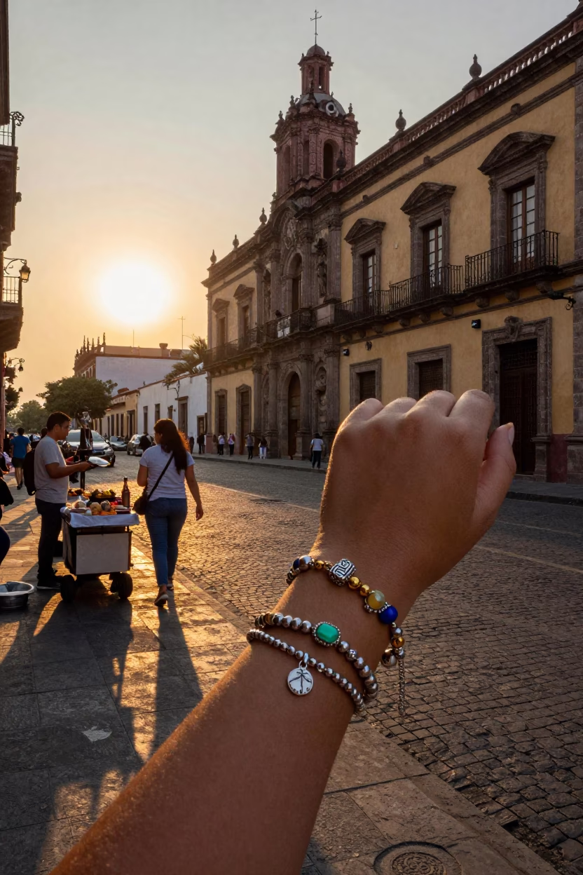 Golden Hour Street Scene in Mexico City with Charm Bracelet Detail in in Mexico City, Mexico