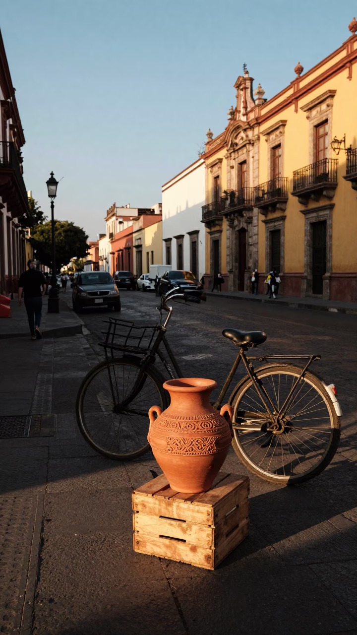 Golden Hour Street Scene in Mexico City With Clay Pot and Bicycle in in Mexico City, Mexico