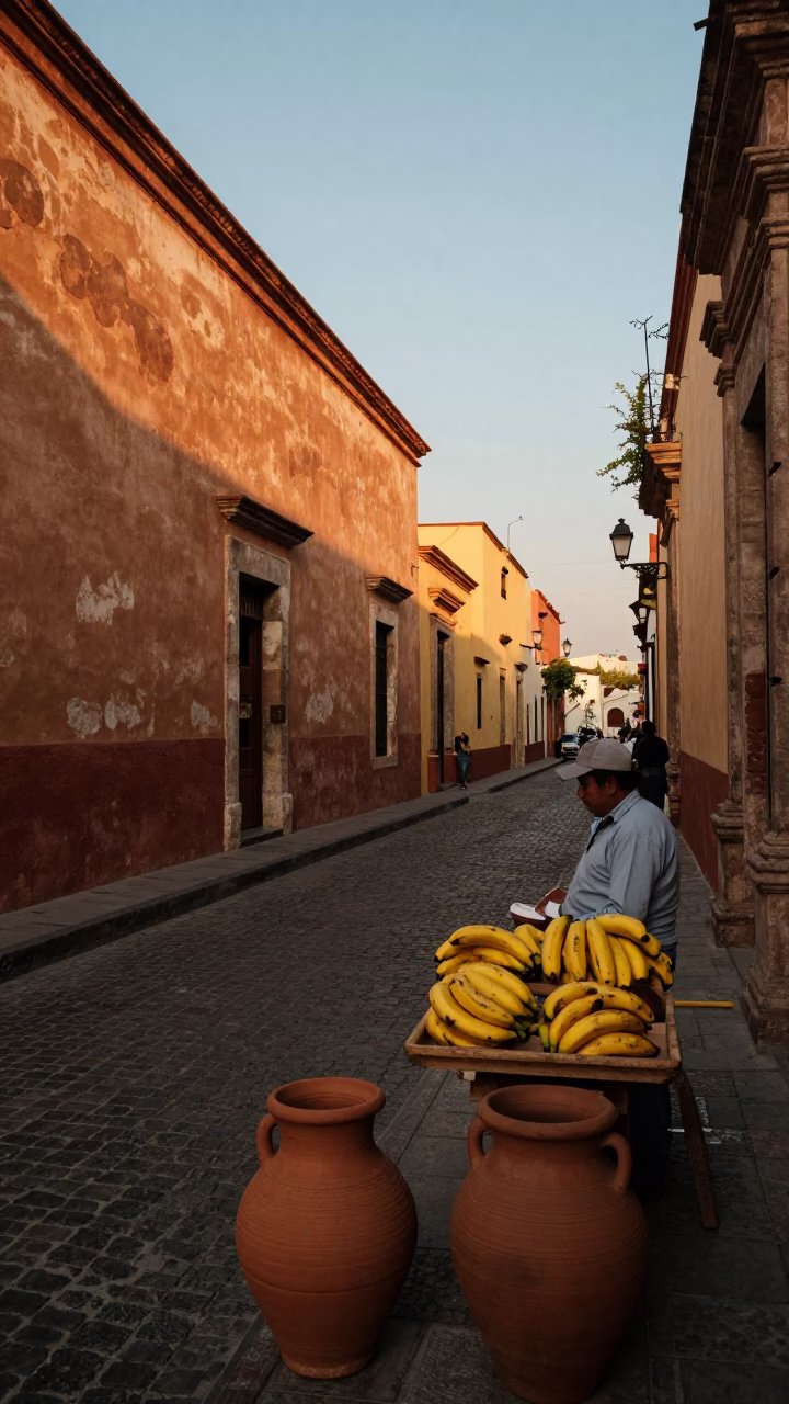 Golden Hour Street Scene in Mexico City with Clay Pots and Bananas in in Mexico City, Mexico