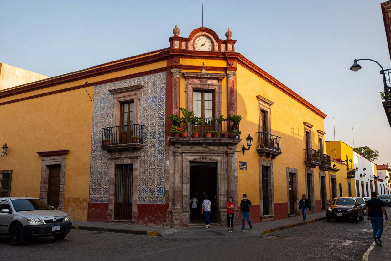 Golden Hour Street Scene in Mexico City with Colorful Architecture and Local Pedestrians in in Mexico City, Mexico