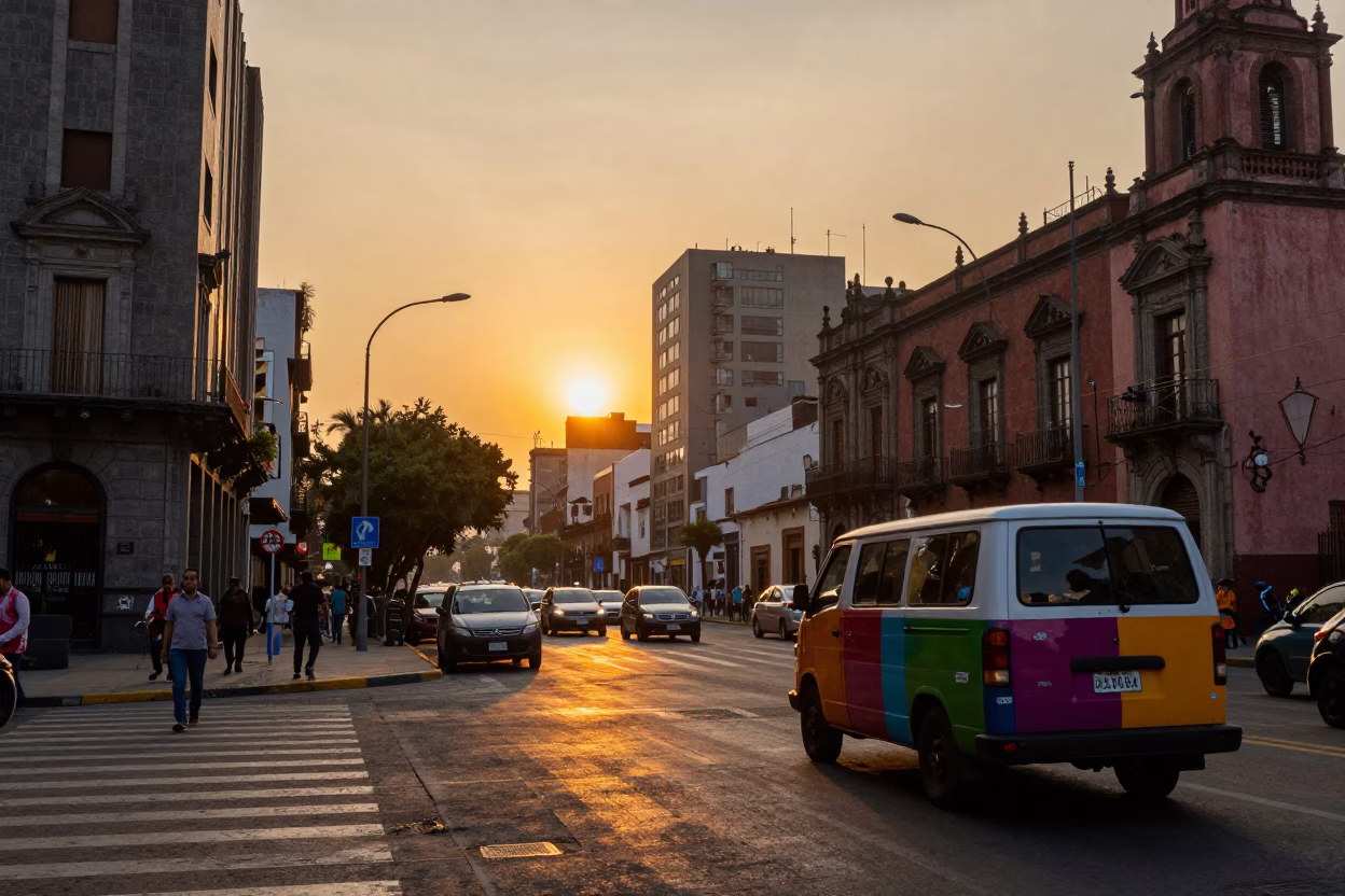 Golden Hour Street Scene in Mexico City with Colorful Van and Pedestrians in in Mexico City, Mexico