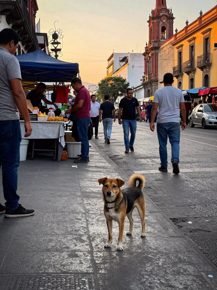 Golden Hour Street Scene in Mexico City with Dog and Local Market Activity in in Mexico City, Mexico