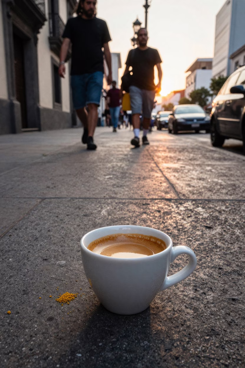 Golden Hour Street Scene in Mexico City With Espresso Cup And Pollen On Bench in in Mexico City, Mexico