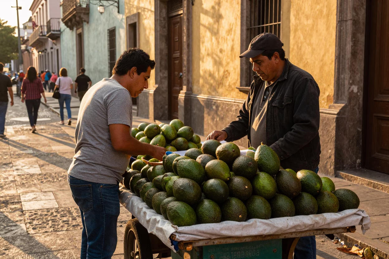 Golden Hour Street Scene in Mexico City with Fresh Avocados and Local Market Activity in in Mexico City, Mexico