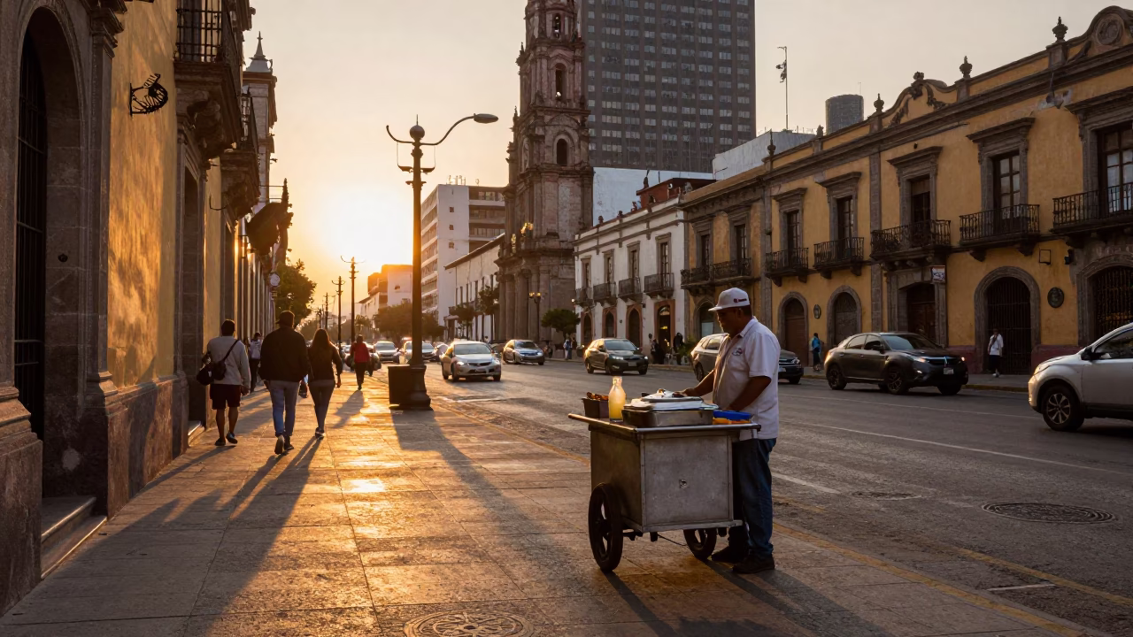Golden Hour Street Scene in Mexico City with Horchata and Urban Details in in Mexico City, Mexico