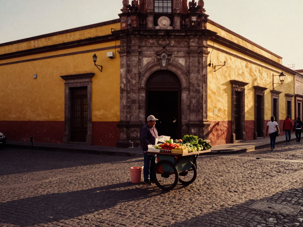 Golden Hour Street Scene in Mexico City with Local Vendor and Traditional Elements in in Mexico City, Mexico