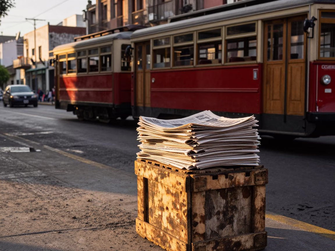 Golden Hour Street Scene in Mexico City With Newspaper Stack and Cable Car View in in Mexico City, Mexico