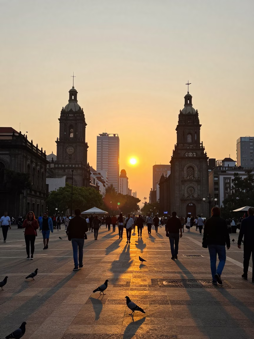 Golden Hour Street Scene in Mexico City with Pigeons and Urban Life in in Mexico City, Mexico