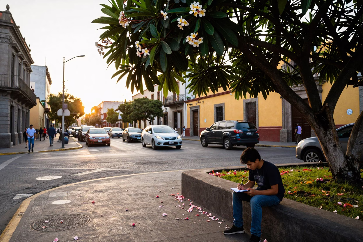 Golden Hour Street Scene in Mexico City with Plumeria Petals and Notebook in in Mexico City, Mexico