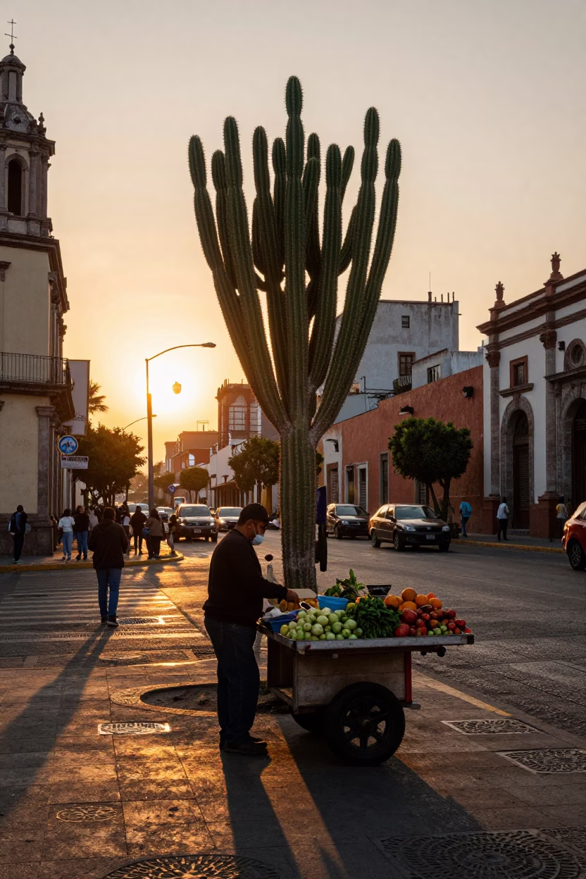 Golden Hour Street Scene in Mexico City with Prickly Pear Cactus and Market Stall in in Mexico City, Mexico