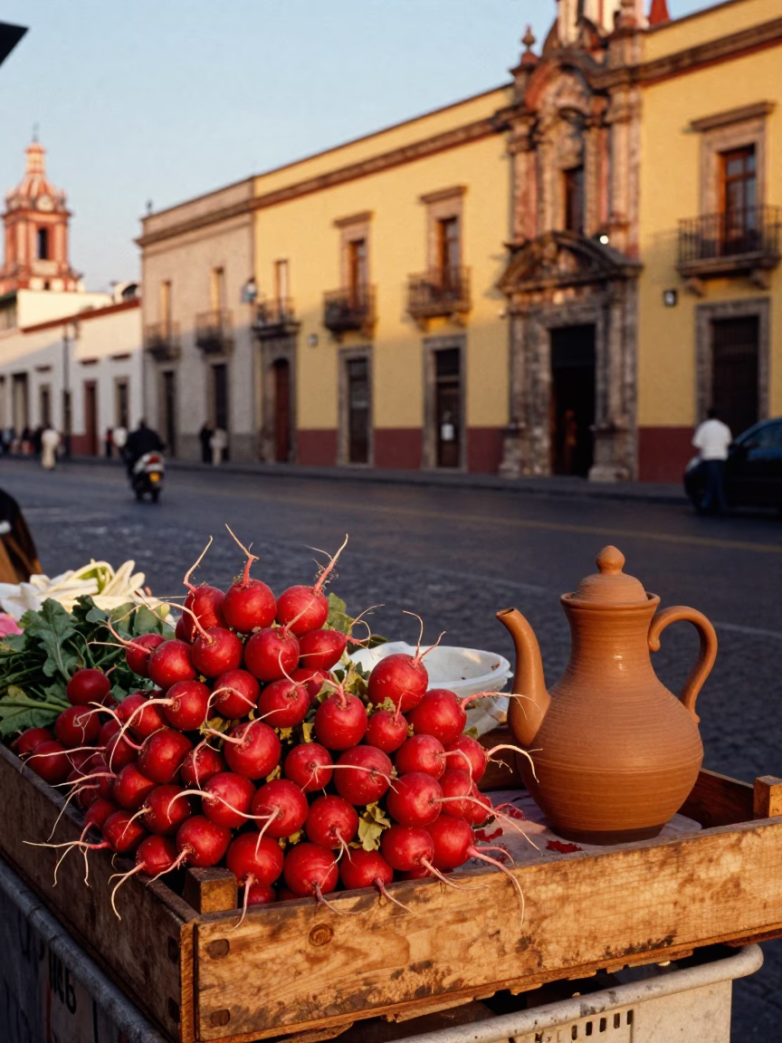 Golden Hour Street Scene in Mexico City with Radishes and Clay Teapot in in Mexico City, Mexico