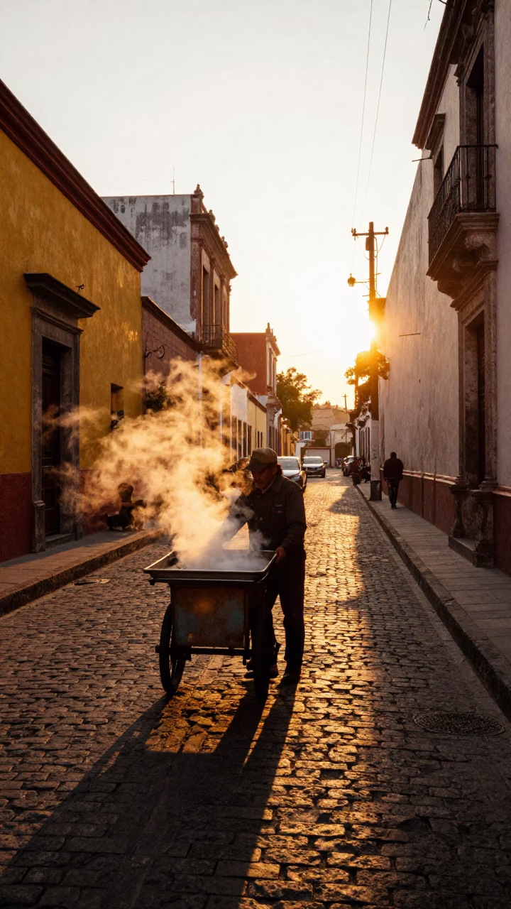 Golden Hour Street Scene in Mexico City with Steam Haze and Glass Tumbler in in Mexico City, Mexico