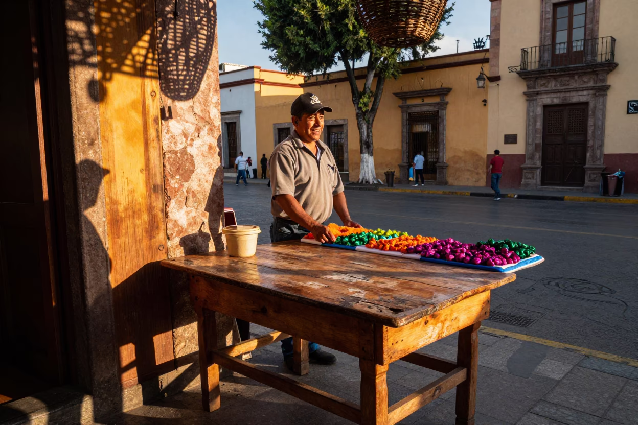 Golden Hour Street Scene in Mexico City with Sunlight and Wicker Shadows in in Mexico City, Mexico