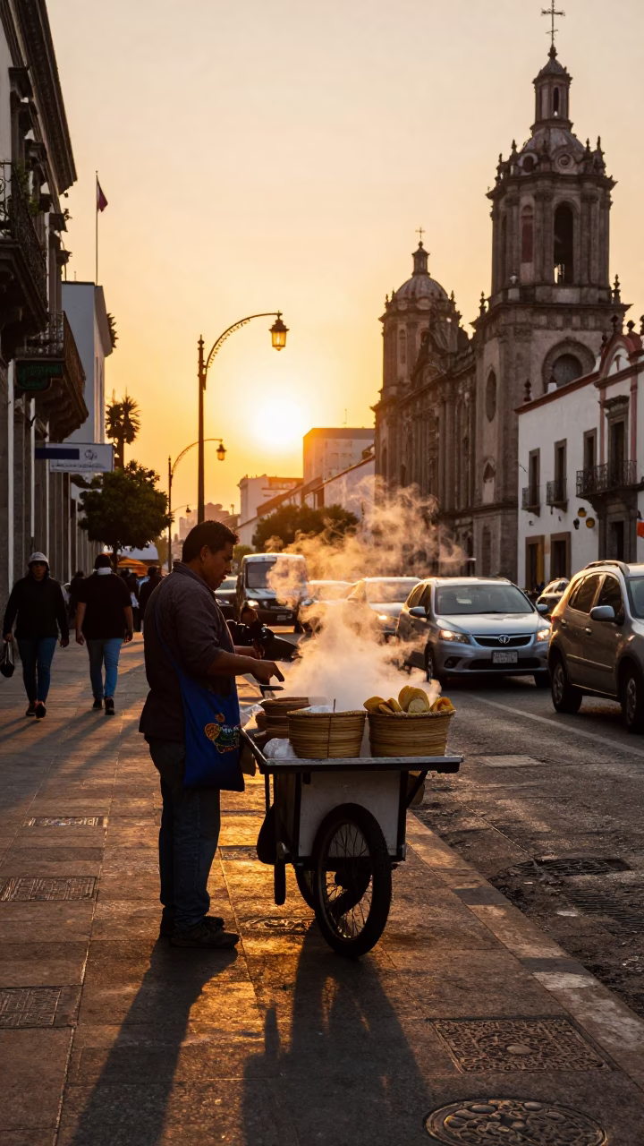 Golden Hour Street Scene in Mexico City with Tamales and Daily Life in in Mexico City, Mexico