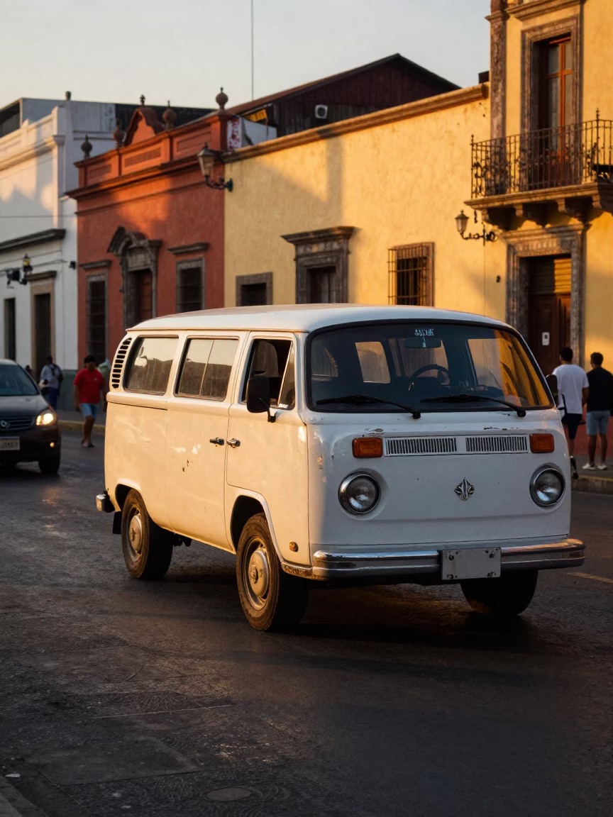 Golden Hour Street Scene in Mexico City with Vintage Van and Local Pedestrians in in Mexico City, Mexico