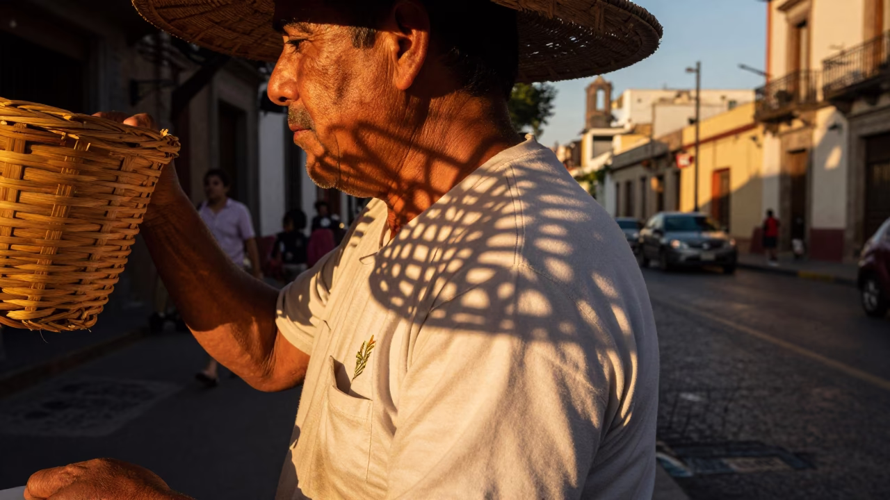 Golden Hour Street Scene in Mexico City with Wicker Shadow on Bottle Neck in in Mexico City, Mexico