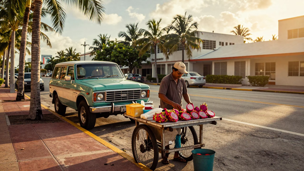Golden Hour Street Scene in Miami Florida with Dragon Fruit Vendor and Vintage SUV in in Miami, Florida, United States