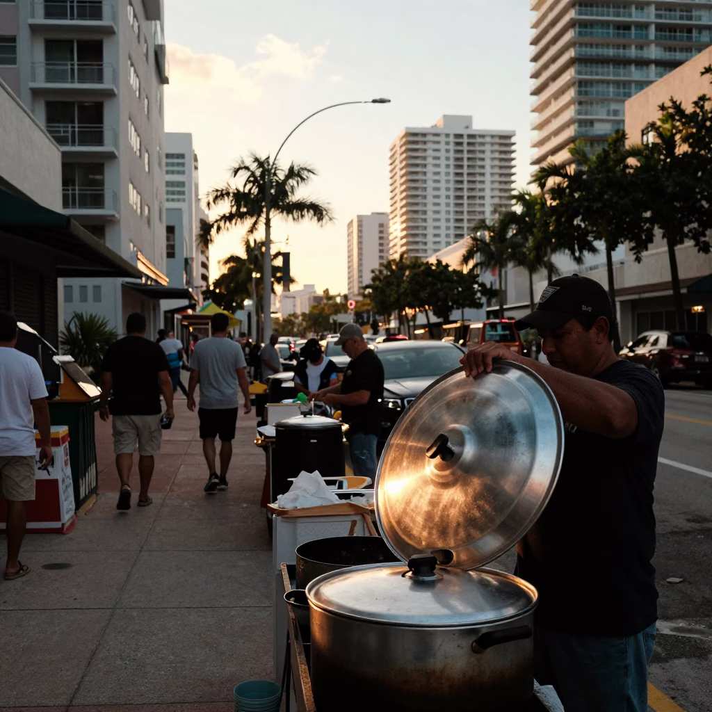 Golden Hour Street Scene in Miami Florida with Local Vendors and Urban Architecture in in Miami, Florida, United States