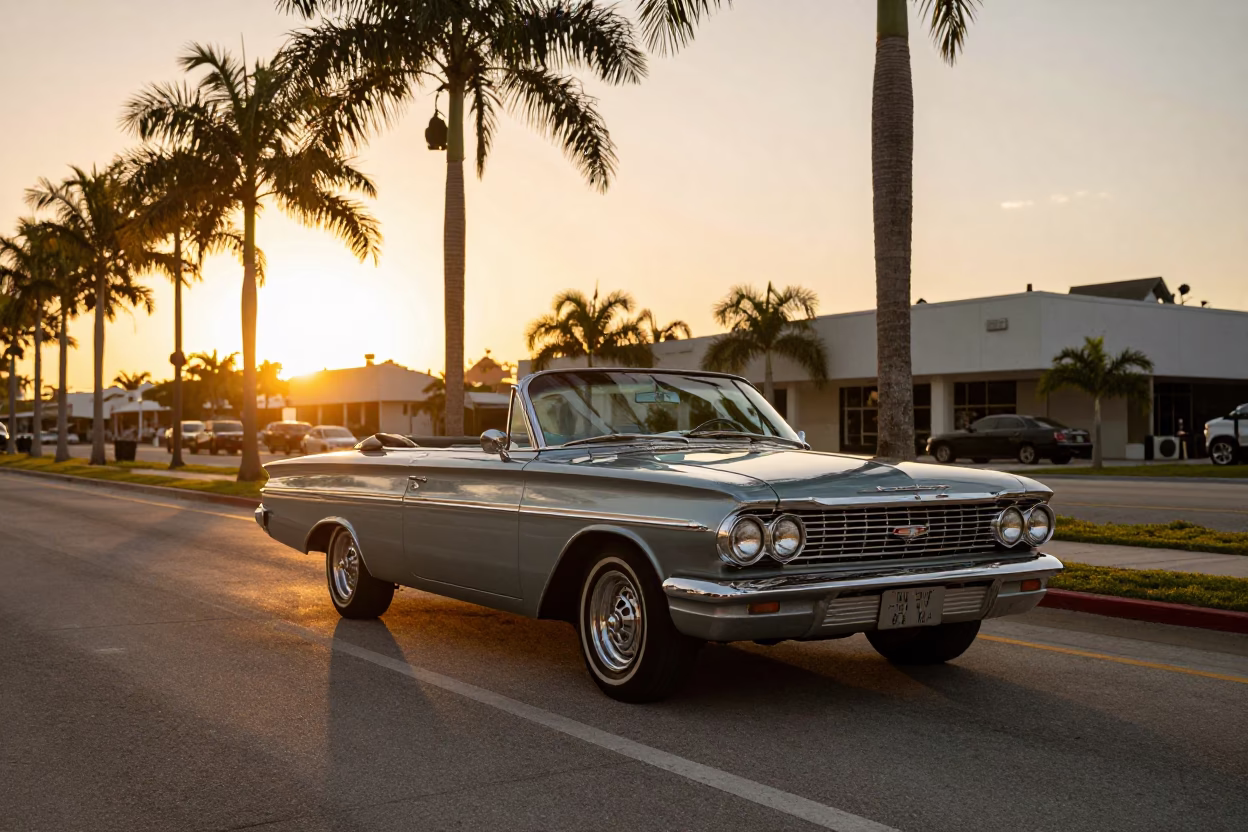 Golden Hour Street Scene in Miami Florida with Vintage Car and Tropical Sunset in in Miami, Florida, United States