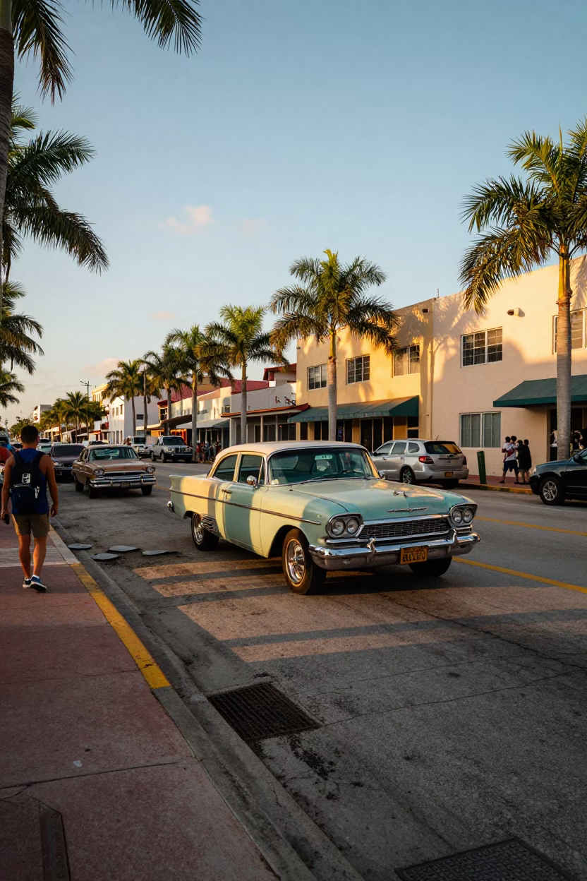 Golden Hour Street Scene in Miami Florida with Vintage Cars and Pedestrians in in Miami, Florida, United States