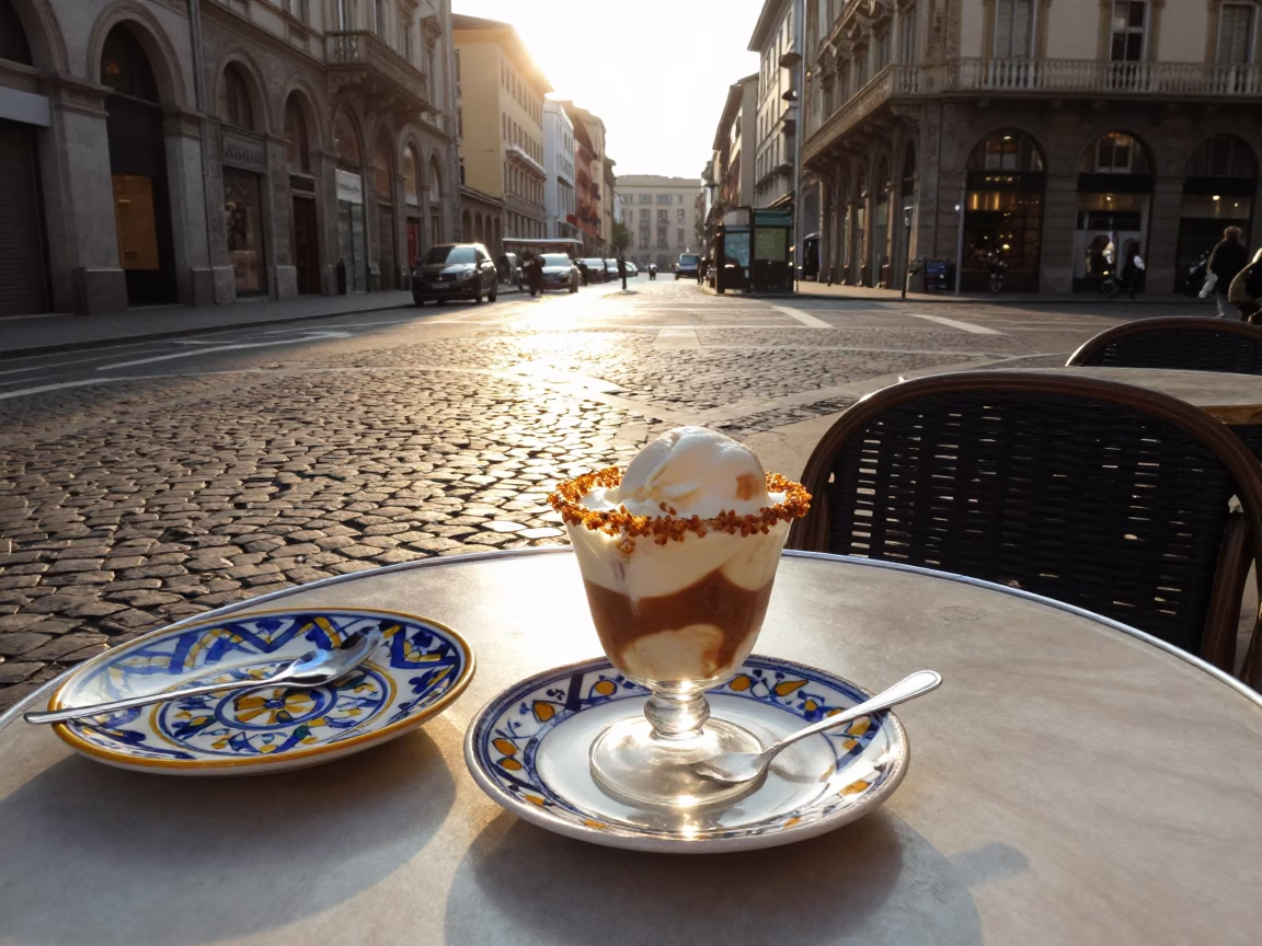 Golden Hour Street Scene in Milan Italy with Affogato and Majolica Plates in in Milan, Italy