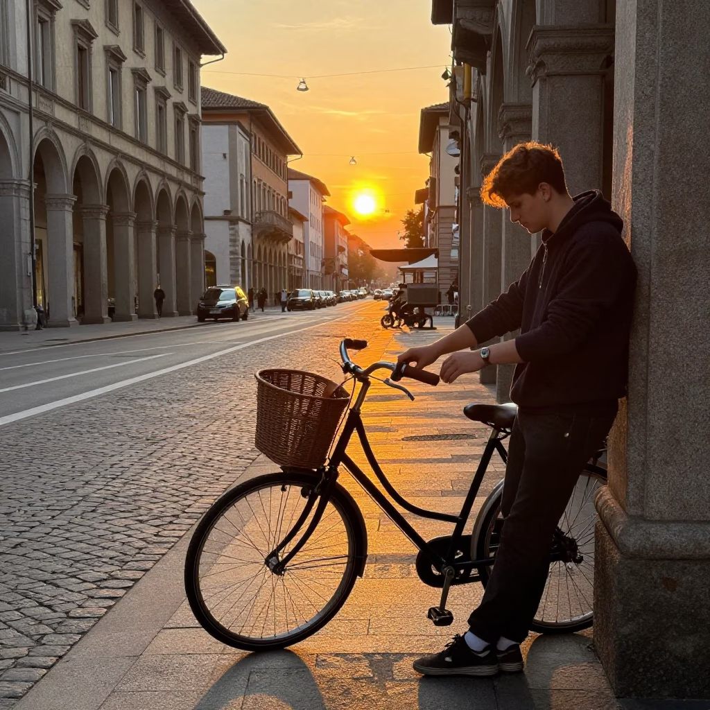 Golden Hour Street Scene in Milan Italy with Bicycle Basket and Water Bottle in in Milan, Italy