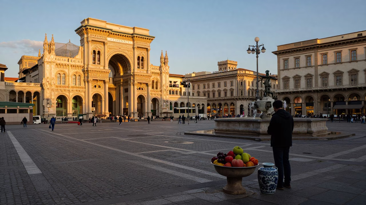 Golden Hour Street Scene in Milan Italy with Fruit Bowl and Porcelain Jar in in Milan, Italy