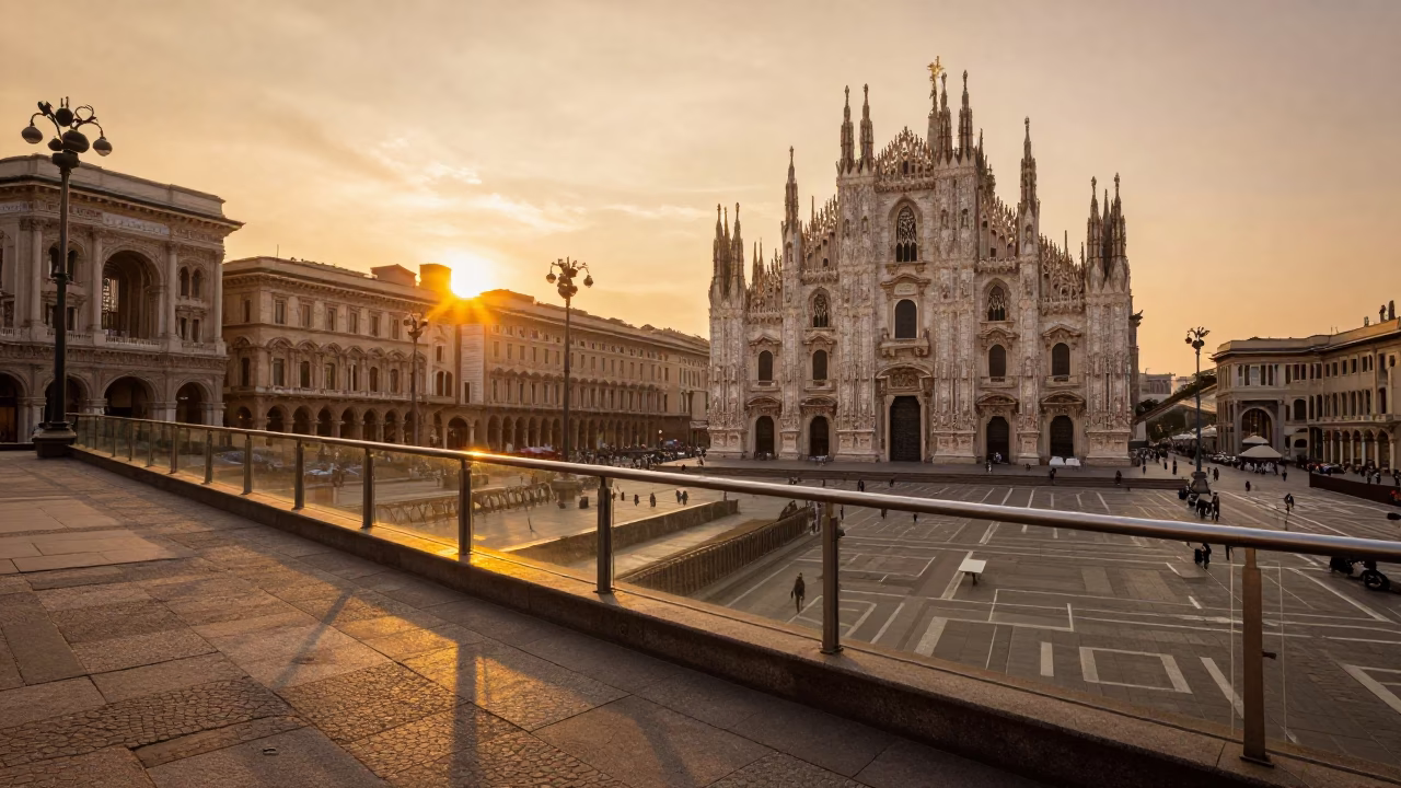 Golden Hour Street Scene in Milan Italy with Glass Railing and Sunset Light in in Milan, Italy