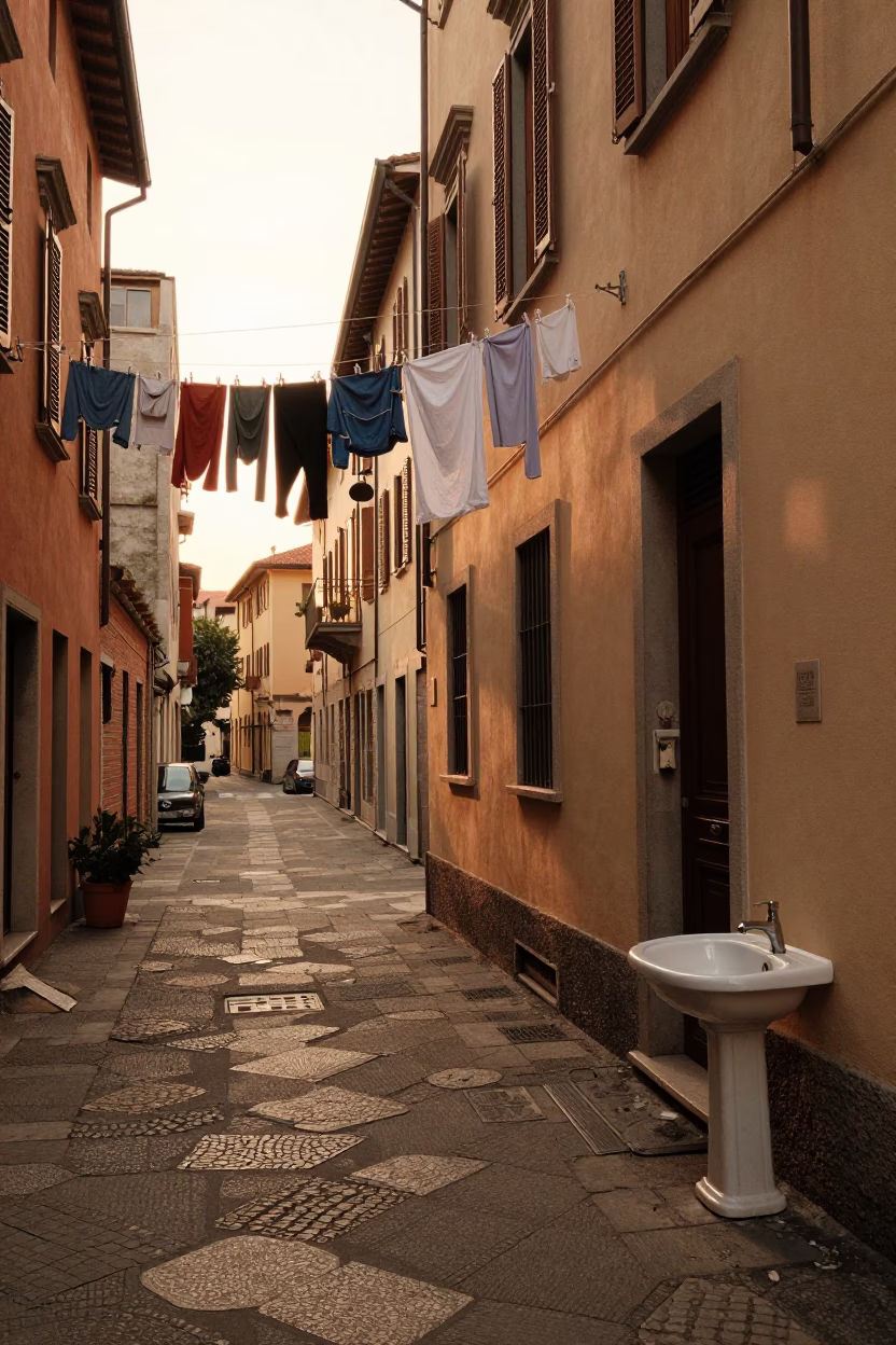 Golden Hour Street Scene in Milan Italy with Laundry and Urban Details in in Milan, Italy