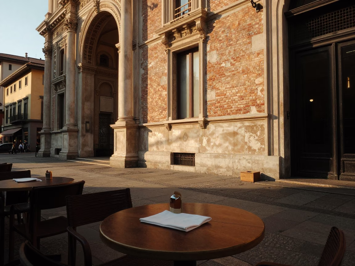 Golden Hour Street Scene in Milan Italy with Local Dining and Architecture in in Milan, Italy
