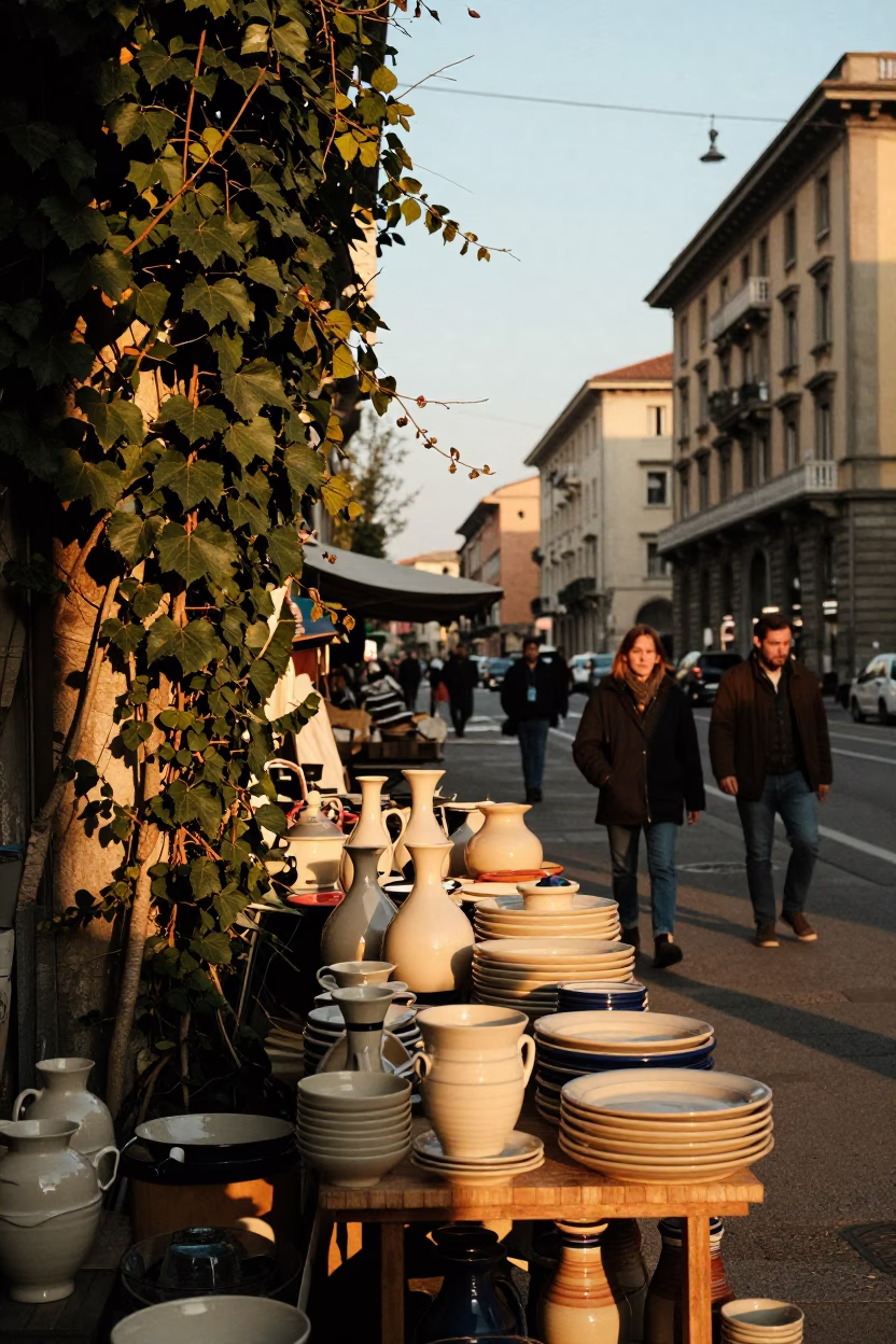 Golden Hour Street Scene in Milan Italy with Market Wares and Ivy in in Milan, Italy