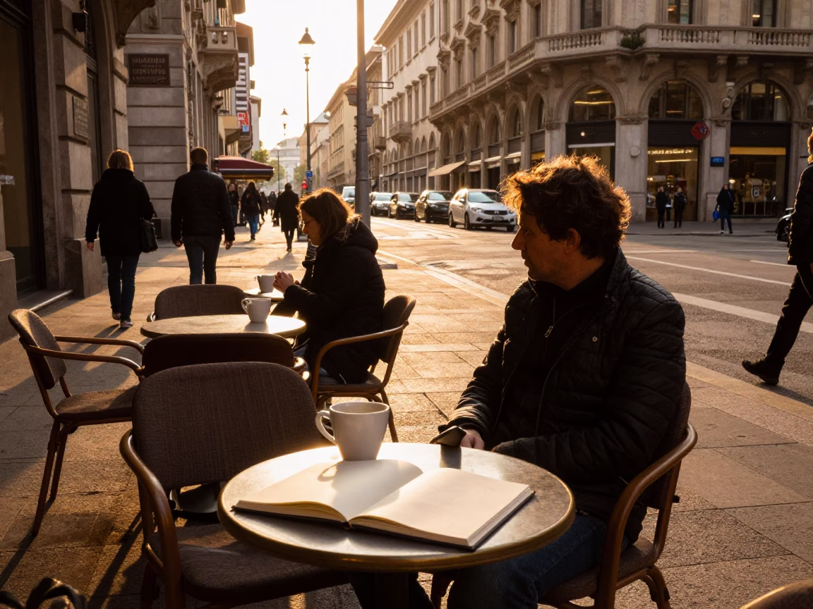 Golden Hour Street Scene in Milan Italy with Notebook and Armchairs in in Milan, Italy