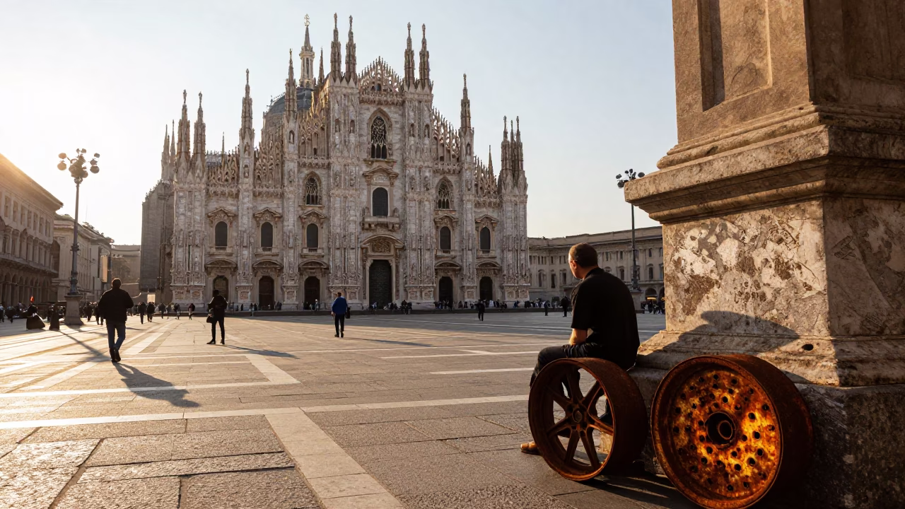 Golden Hour Street Scene in Milan Italy with Rusty Rim Detail in in Milan, Italy