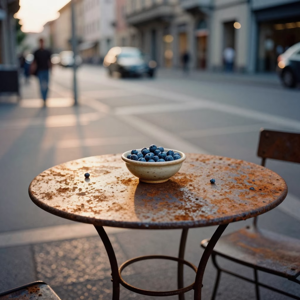 Golden Hour Street Scene in Milan Italy with Rusty Table and Blueberries in in Milan, Italy