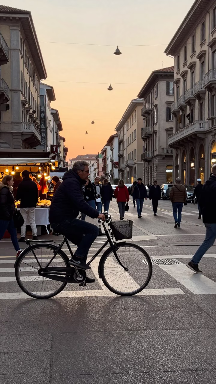 Golden Hour Street Scene in Milan Italy with Vintage Bicycle and Local Market Activity in in Milan, Italy