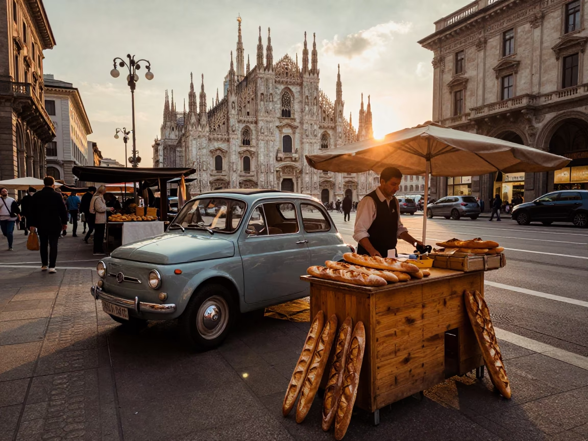 Golden Hour Street Scene in Milan Italy with Vintage Car and Local Market Items in in Milan, Italy