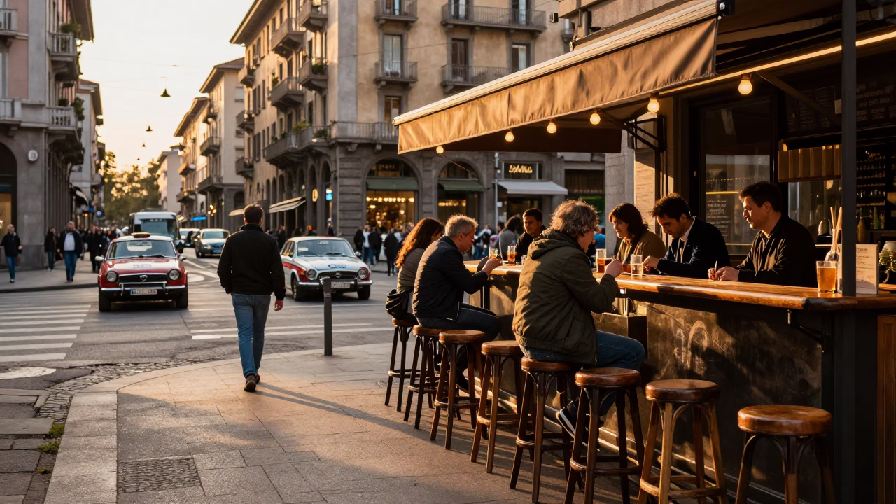 Golden Hour Street Scene in Milan Italy with Vintage Car Rally and Bar Stools in in Milan, Italy