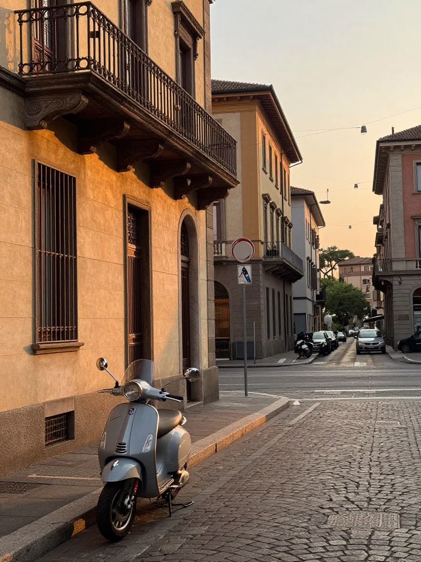 Golden Hour Street Scene in Milan Italy with Vintage Motorcycle and Urban Architecture in in Milan, Italy