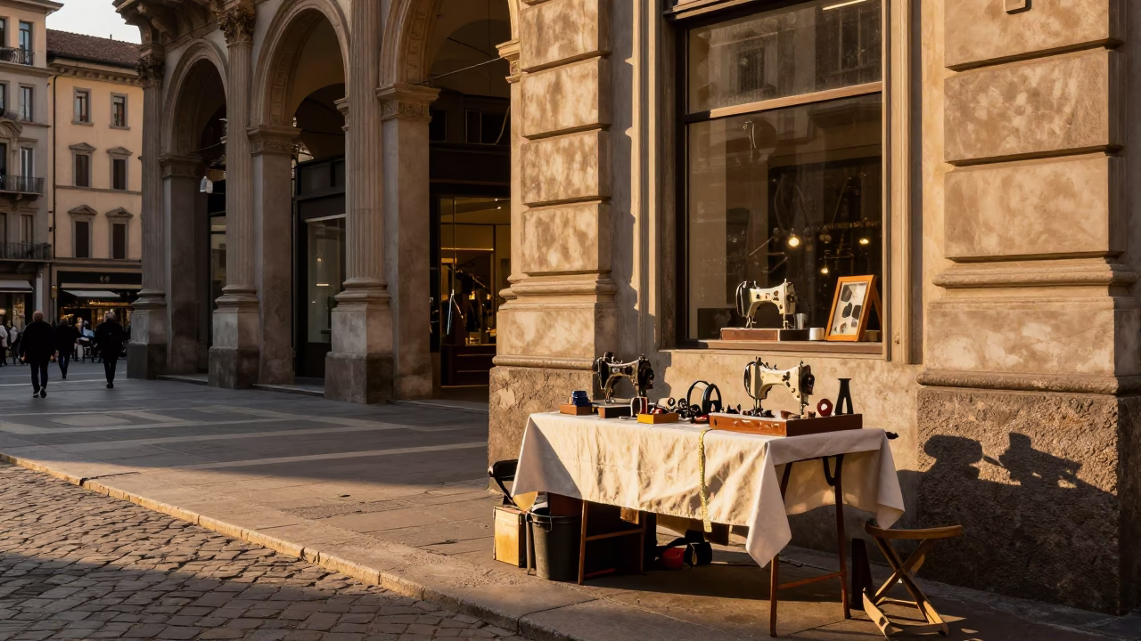 Golden Hour Street Scene in Milan Italy with Vintage Sewing Tools and Window Boxes in in Milan, Italy
