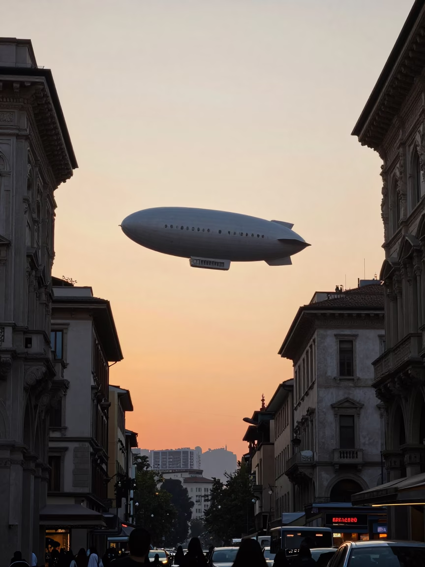 Golden Hour Street Scene in Milan Italy with Vintage Zeppelin Airship Overhead in in Milan, Italy