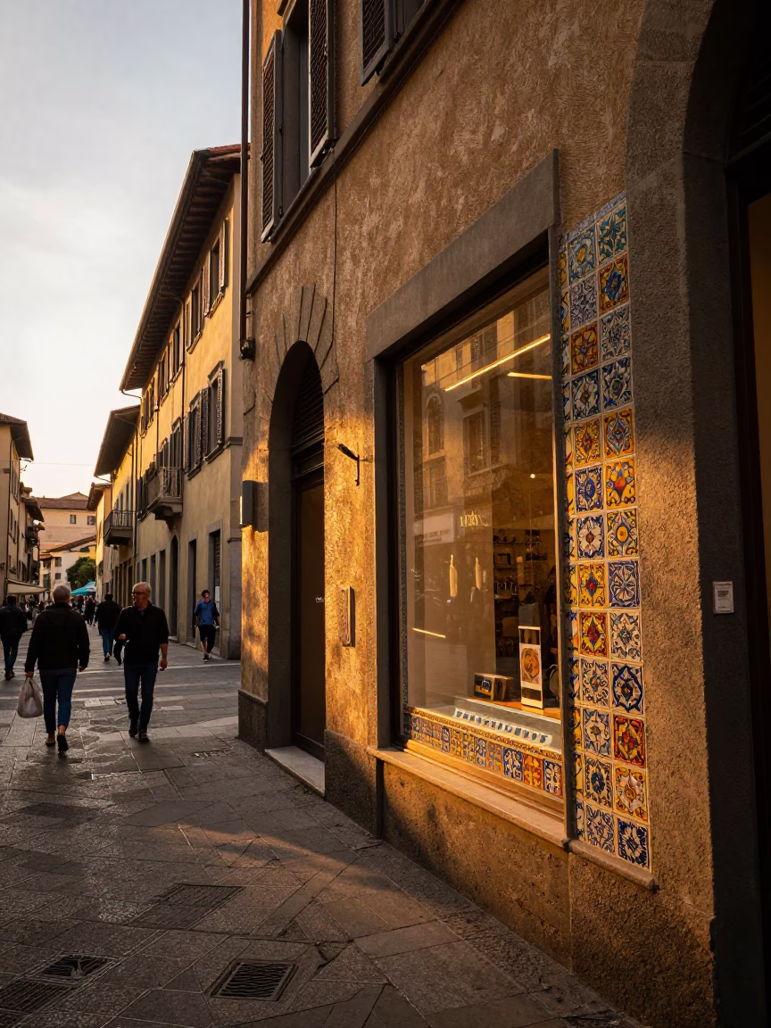 Golden hour street scene in Milan with colorful tiles and local life in in Milan, Italy