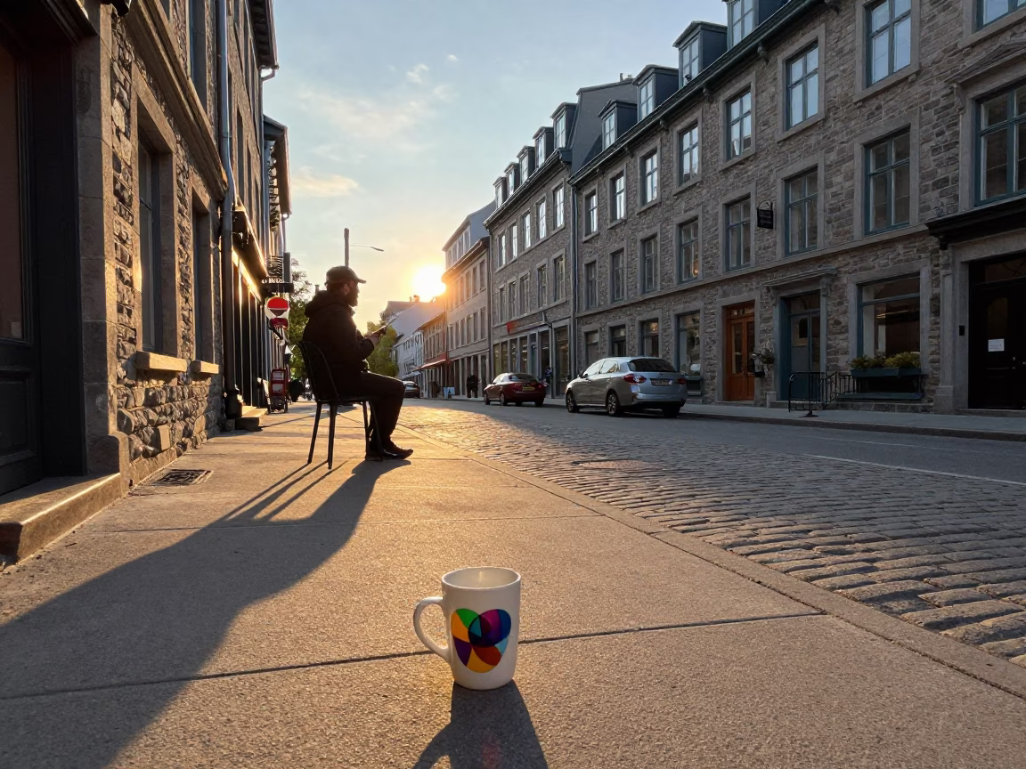 Golden Hour Street Scene in Montreal Quebec Canada with Coffee Mug and Colored Glass in in Montreal, Quebec, Canada