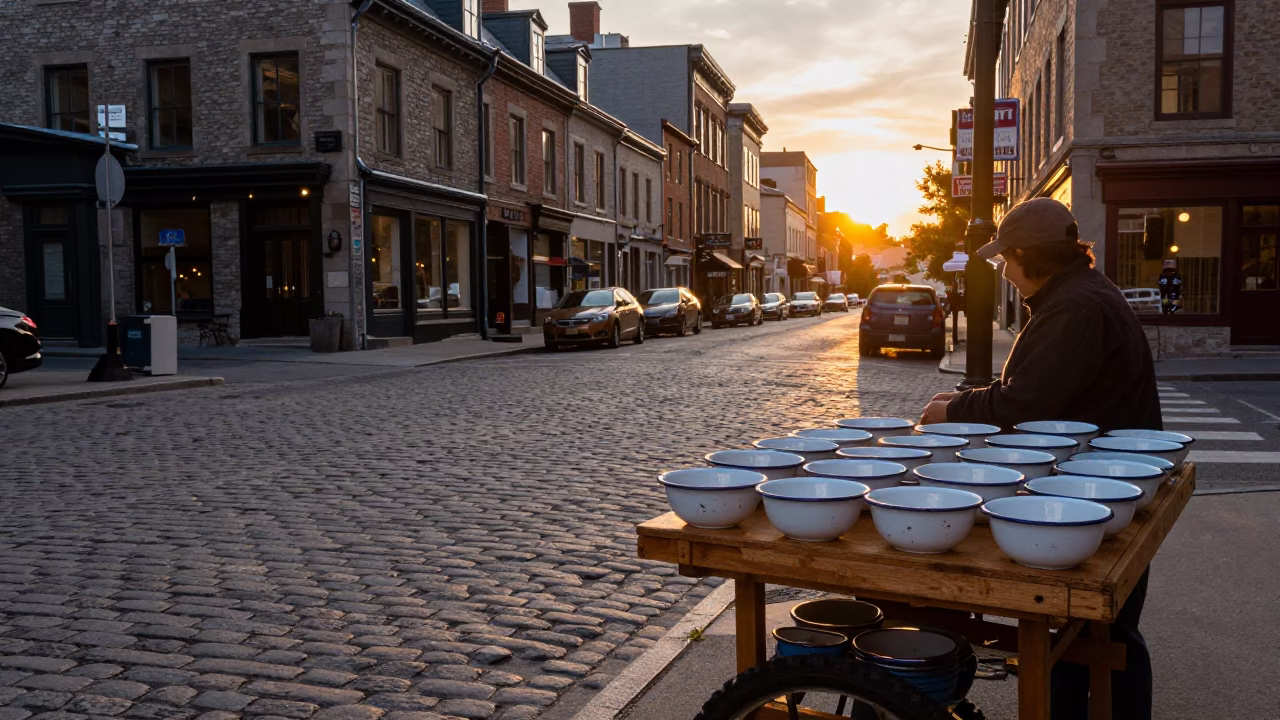Golden Hour Street Scene in Montreal Quebec Canada with Enamel Bowls and Urban Infrastructure in in Montreal, Quebec, Canada