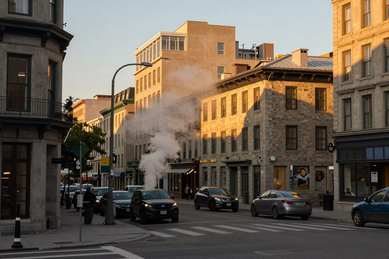 Golden Hour Street Scene in Montreal Quebec Canada with Steam and Urban Architecture in in Montreal, Quebec, Canada